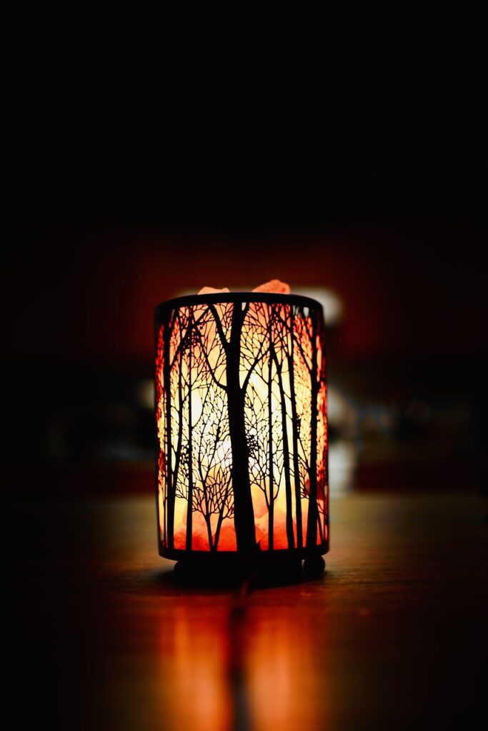 Handcrafted Himalayan salt lamp glowing